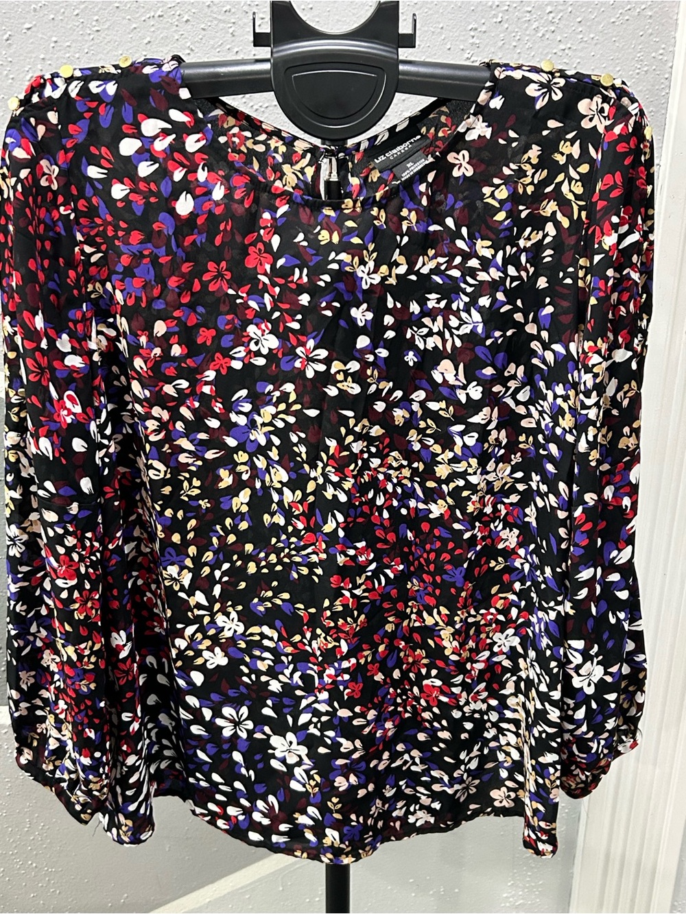 Floral Print Long-Sleeve Blouse - Black with Red, White & Blue Accents